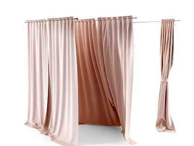 Pink and Light Brown Curtains Draped on Curtain Rod with Different Hanging Effects 3d model