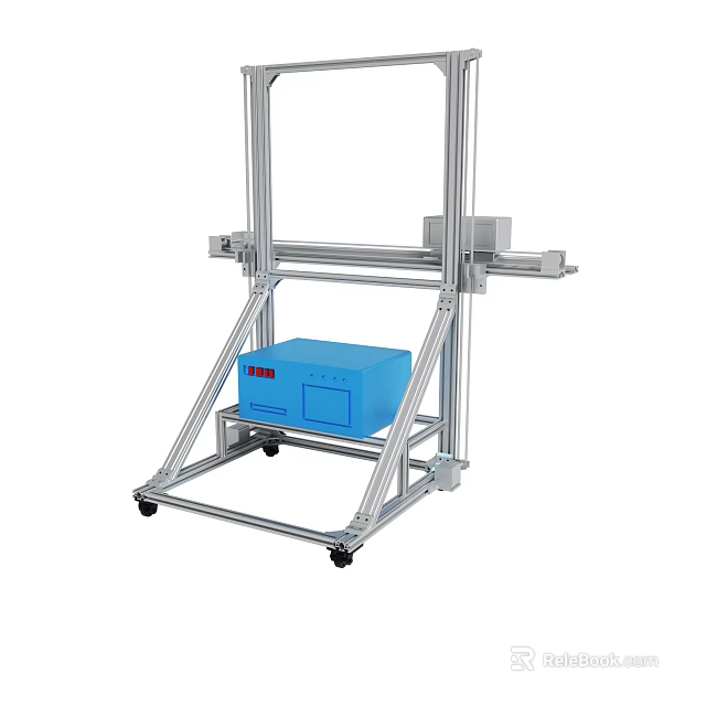 Mobile Industrial Metal Frame Structure With Blue Control Box And Wheels 3d model 