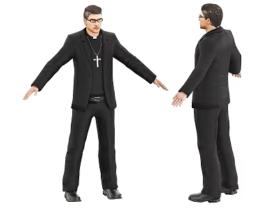 Man Wearing Glasses In Black Suit With Cross Standing Front And Back View 3d model