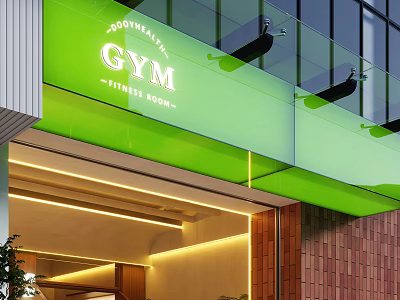 Green Signage Gym Entrance Design With Glass Facade And Lighting Features 3d model