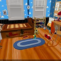 Colorful Kids Room Interior With Blue Cloud Walls Cactus Bedding Wooden Desk And Playful Toys