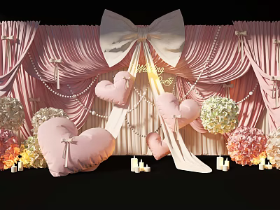 Romantic Floral Decor With Pink Drapery Large Bow Heart Decorations Pearl Strings And Flower Balls 3d model