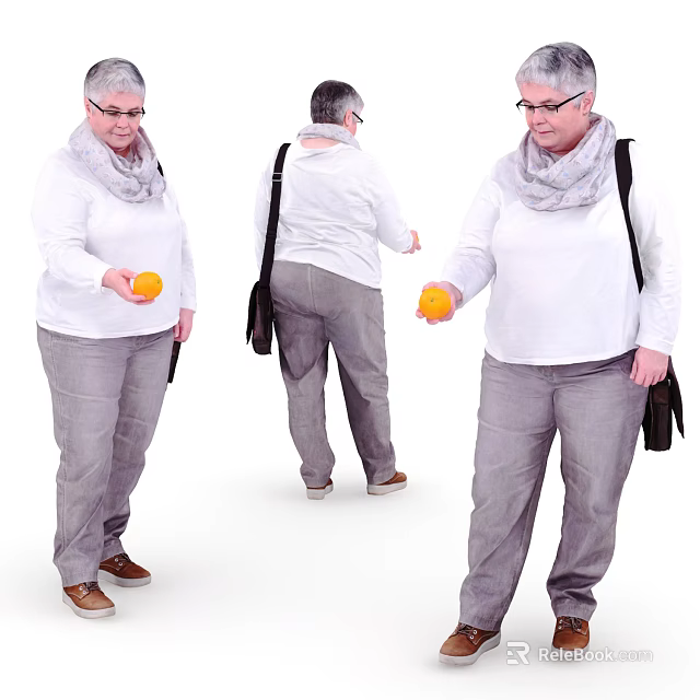 Woman Holding Orange Wearing White Top Gray Pants Scarf And Bag With Multiple Angles 3d model 