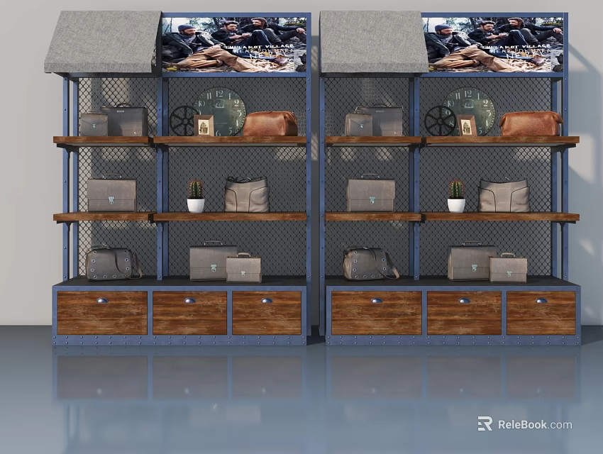 Swing Door Storage Cabinet With Metal Mesh Shelves Wooden Drawers And Decor Items 3d model 