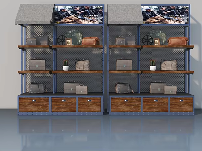 Swing Door Storage Cabinet With Metal Mesh Shelves Wooden Drawers And Decor Items 3d model