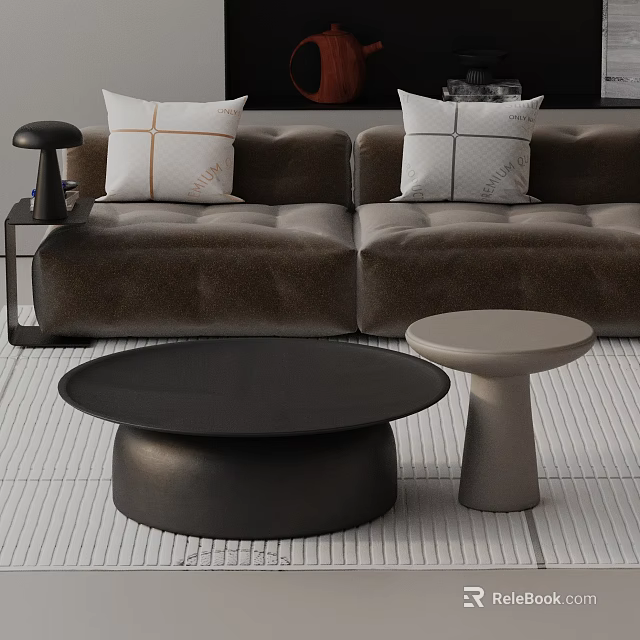Modern Brown Sofa With Black Round Coffee Table Light Gray Side Table And Decorative Pillows 3d model 
