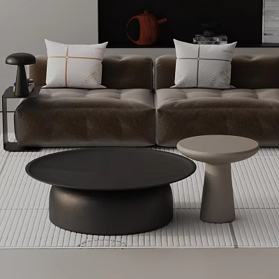 Modern Brown Sofa With Black Round Coffee Table Light Gray Side Table And Decorative Pillows 3d model