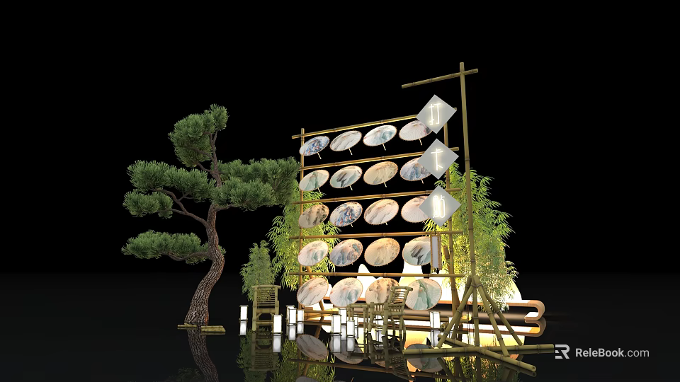 Natural Decorative Scene With Pine Tree Hanging Round Plates Bamboo Frame And Green Plants 3d model