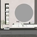 Modern Bathroom Interior With Round Mirror Lighting Marble Countertop Gray Cabinets And Green Plants