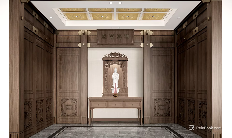 Buddhist Shrine Interior With Wooden Carved Walls Buddha Statue And Golden Ceiling Decor 3d model 