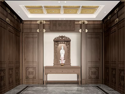 Buddhist Shrine Interior With Wooden Carved Walls Buddha Statue And Golden Ceiling Decor 3d model