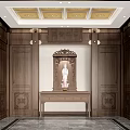 Buddhist Shrine Interior With Wooden Carved Walls Buddha Statue And Golden Ceiling Decor
