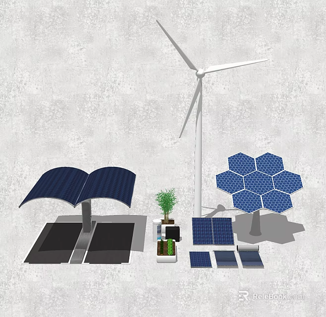 Renewable Energy System With Solar Panels Wind Turbine Green Plants And Battery Storage 3d model 