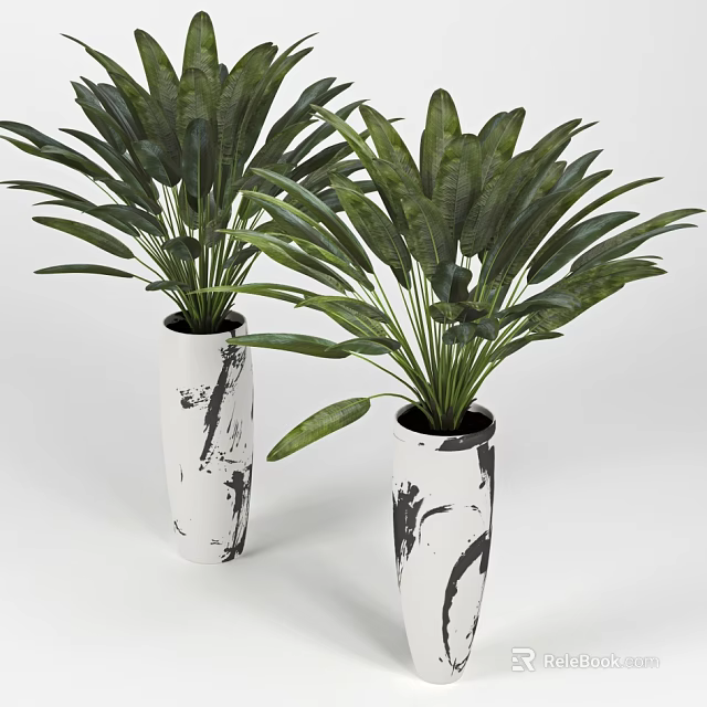 Indoor Decorative Potted Plants with Large Green Leaves in White Ink Design Pots 3d model 