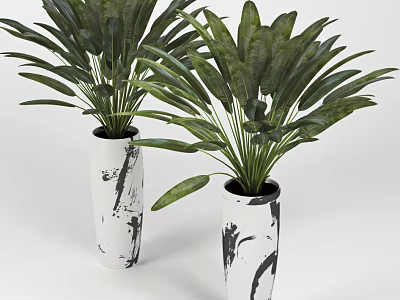 Indoor Decorative Potted Plants with Large Green Leaves in White Ink Design Pots 3d model