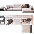 Modern Sectional Sofa With Light Colored Upholstery Pillows Throw Blanket And Side Table 3d model