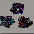 Colorful Cartoon Creature Stickers With Neon Design Fluffy Manes And Spiked Tails