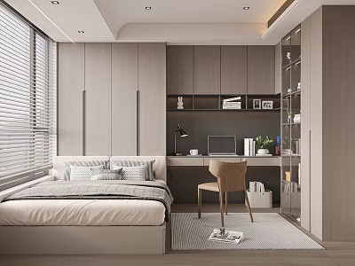 Minimalist Tatami Bedroom Interior Design With Bed Desk Chair Cabinets And Window Blinds 3d model