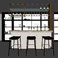 Stylish Bar Counter With Black Stools Hanging Wine Glasses And Decorative Bottles