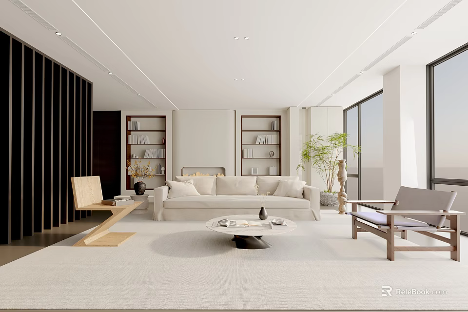 Minimalist Living Room Interior With White Sofa Wooden Bookshelves Floor to ceiling Windows And Potted Plant 3d model 