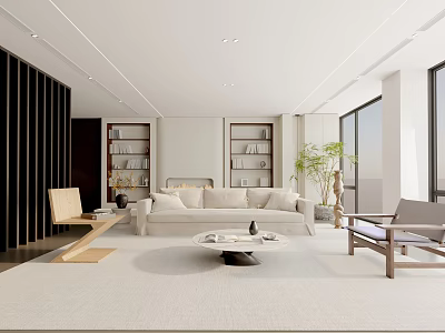 Minimalist Living Room Interior With White Sofa Wooden Bookshelves Floor to ceiling Windows And Potted Plant 3d model