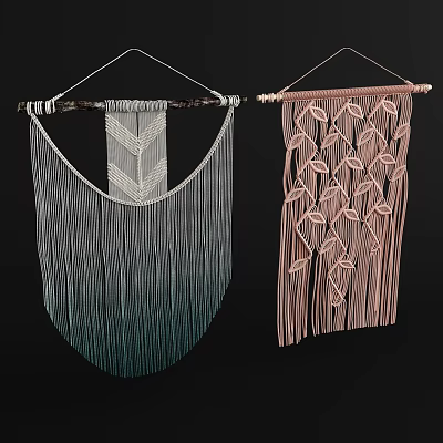 Handwoven Macramé Wall Hangings With Gradient Blue Green Stripes And Pink Leaf Patterns 3d model