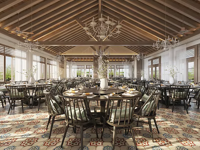 Elegant Traditional Banquet Hall With Wooden Ceiling Chandeliers Dining Tables And Patterned Floor Tiles 3d model