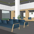 Modern Spacious Service Hall Interior With Blue Sofas White Columns And Wooden Counters 3d model