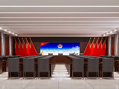 Formal Conference Room Interior With Large Screen Red Flags And Arranged Seats 3d model