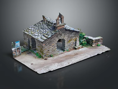 Detailed Miniature Stone Chapel Model With Stone Roof Bell Tower Arched Doorway And Greenery 3d model