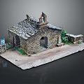 Detailed Miniature Stone Chapel Model With Stone Roof Bell Tower Arched Doorway And Greenery