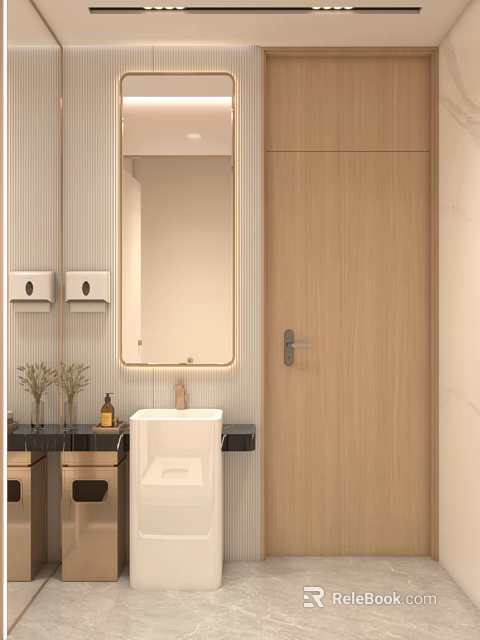 Modern Public Restroom Interior With Washbasin Mirror Soap Dispenser And Wooden Door 3d model 
