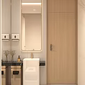 Modern Public Restroom Interior With Washbasin Mirror Soap Dispenser And Wooden Door
