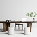 Modern Minimalist Wooden Desk With Laptop Green Plant And White Stools 3d model