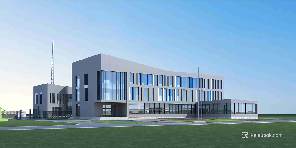 Modern Industrial Factory Building With Large Glass Windows Gray Exterior And Spacious Green Surroundings 3d model 