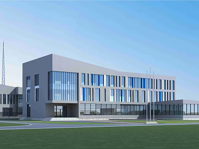 Modern Industrial Factory Building With Large Glass Windows Gray Exterior And Spacious Green Surroundings 3d model