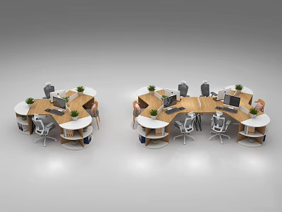 Modern Circular Office Desks With Ergonomic Chairs And Potted Plants For Team Workspace 3d model