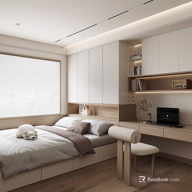 Minimalist Tatami Bedroom Interior With Window Blinds Cabinet Shelf And Desk Chair 3d model 