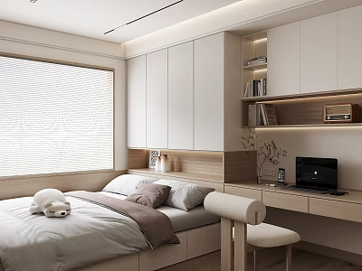 Minimalist Tatami Bedroom Interior With Window Blinds Cabinet Shelf And Desk Chair 3d model