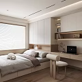 Minimalist Tatami Bedroom Interior With Window Blinds Cabinet Shelf And Desk Chair