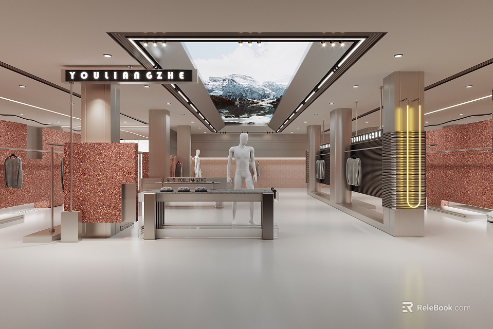 Modern Clothing Store Interior With Mannequins Display Tables Clothing Racks And Bright Lighting 3d model 