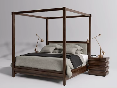 Modern Walnut Four Poster Double Bed With Gray Bedding Black Blanket And Brass Lamps 3d model