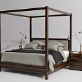 Modern Walnut Four Poster Double Bed With Gray Bedding Black Blanket And Brass Lamps
