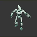 White Robot Game And Movie Character With Green Glowing Parts Pointed Head And Mechanical Arms