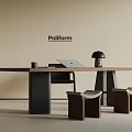 Modern Poliform Desk With Laptop Mug Table Lamp and Wooden Stools