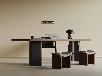 Modern Poliform Desk With Laptop Mug Table Lamp and Wooden Stools 3d model