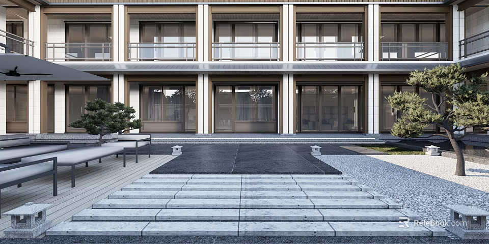 Modern Guesthouse Building With Open Porch Stone Steps Slate Path Pine Trees And Wooden Bench 3d model 