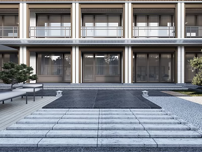 Modern Guesthouse Building With Open Porch Stone Steps Slate Path Pine Trees And Wooden Bench 3d model