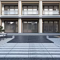 Modern Guesthouse Building With Open Porch Stone Steps Slate Path Pine Trees And Wooden Bench
