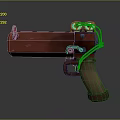 Red Sci Fi Gun With Green Glowing Sights And Brown Grip Mechanical Design